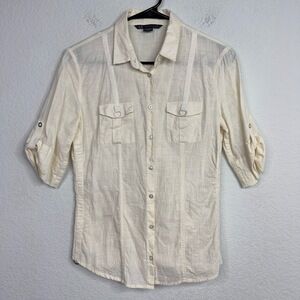 Armani Exchange Shirt Womens M Beige Collared Epaulette Button Camp Utility Boho
